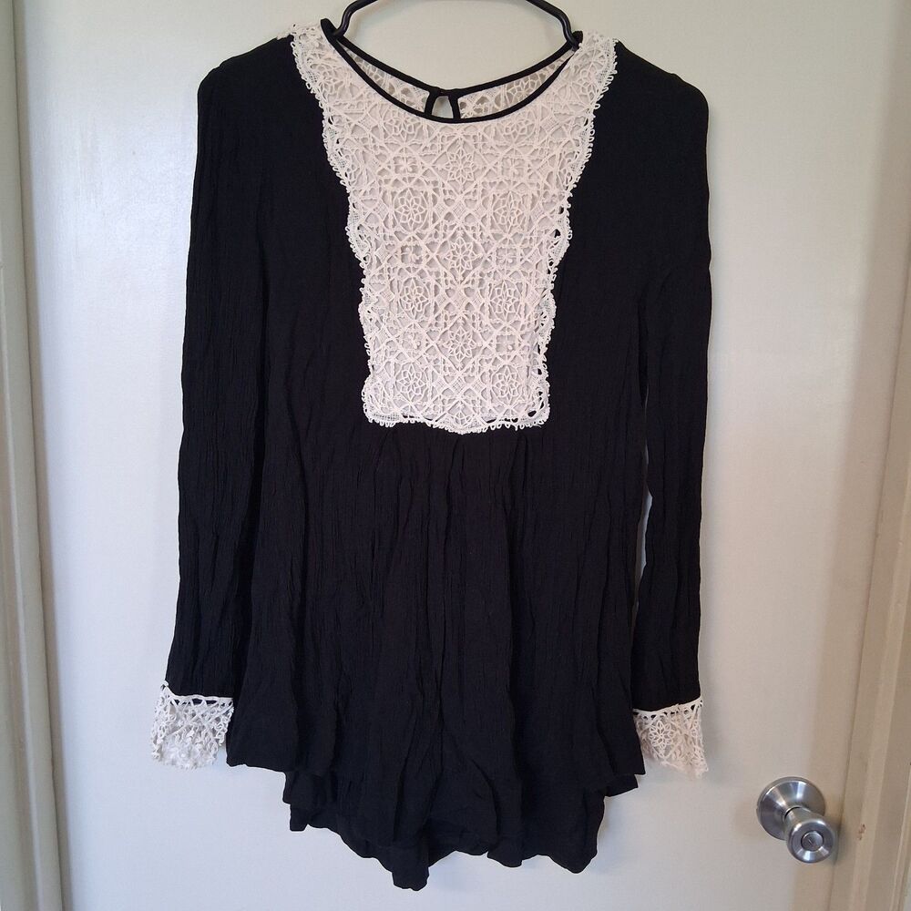 Free People Long Sleeve Crochet Lace Tunic Top M Whimsigoth Dark Romance Witchy